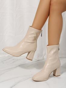 Zipper Back Square Toe Chunky Heeled Classic Boots, Beige Elegant Solid Color Women's Fashion Boots - Beige - View 1