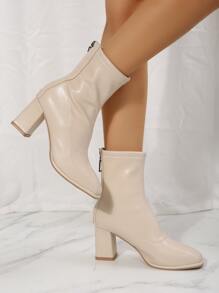 Zipper Back Square Toe Chunky Heeled Classic Boots, Beige Elegant Solid Color Women's Fashion Boots - Beige - View 2