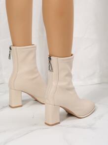Zipper Back Square Toe Chunky Heeled Classic Boots, Beige Elegant Solid Color Women's Fashion Boots - Beige - View 4