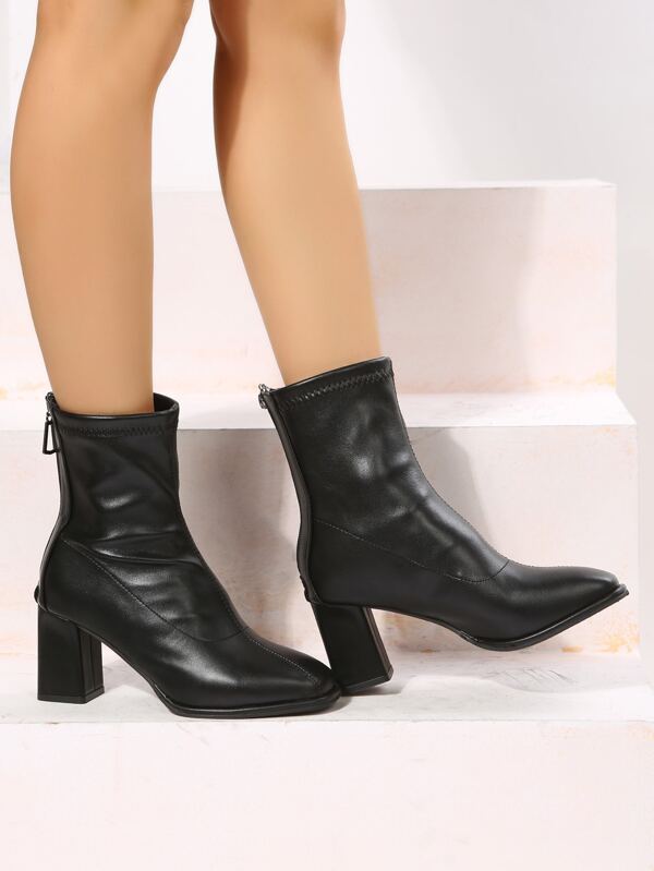 Women's Elegant Solid Color Fashion Boots With Back Zipper, Square Toe