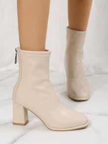 Zipper Back Square Toe Chunky Heeled Classic Boots, Beige Elegant Solid Color Women's Fashion Boots - Beige - View 5