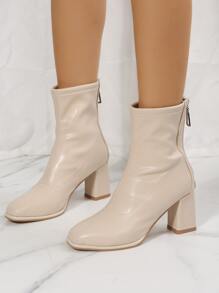 Zipper Back Square Toe Chunky Heeled Classic Boots, Beige Elegant Solid Color Women's Fashion Boots - Beige - View 6