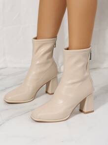 Zipper Back Square Toe Chunky Heeled Classic Boots, Beige Elegant Solid Color Women's Fashion Boots - Beige - View 7