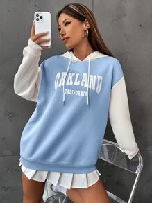SHEIN Unity Letter Graphic Colourblock Drop Shoulder Drawstring Thermal Hoodie - Baby Blue - View 3