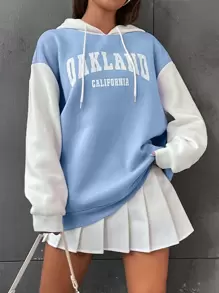 SHEIN Unity Letter Graphic Colourblock Drop Shoulder Drawstring Thermal Hoodie - Baby Blue - View 4