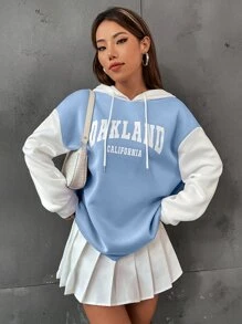 SHEIN Unity Letter Graphic Colourblock Drop Shoulder Drawstring Thermal Hoodie - Baby Blue - View 5