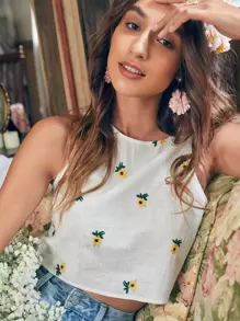 Breezaya Flower Embroidery Tank Top Graphic Tees Women Tops - White - View 1