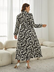 Mulvari 大碼滿版印花燈籠袖荷葉邊繫腰帶連衣裙 - 彩色 - 查看 2