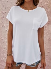 SHEIN LUNE Pocket Patched Batwing Sleeve Tee - White - View 3