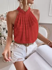 SHEIN ChicEase Áo hai dây Nút Xếp li màu trơn Boho - Đỏ - Xem 1