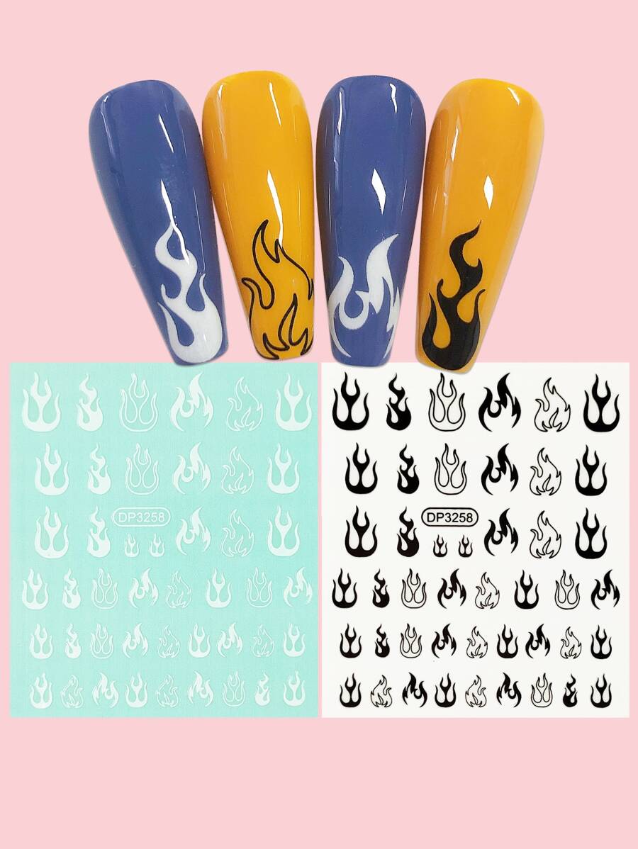 2 hojas Pegatina de arte de uñas con patrón de fuego, adhesivos de uñas de bricolaje - Multicolor - Ver 1