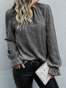 SHEIN LUNE 打褶領荷葉袖滿版印花襯衫 - 黑色 - 查看 3