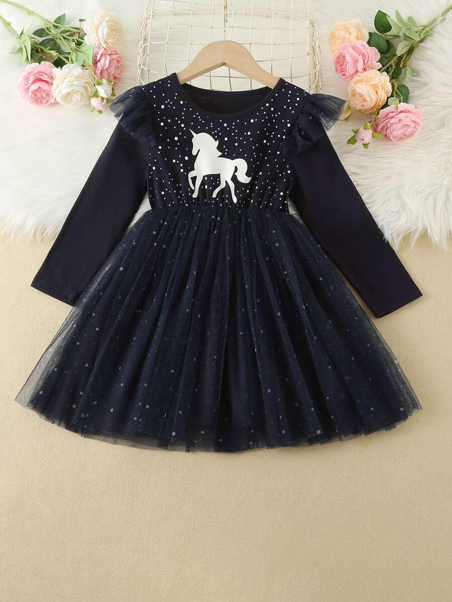 Toddler Girls Unicorn Print Ruffle Trim Contrast Mesh Dress - Navy Blue - View 1