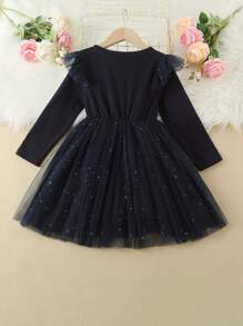 Toddler Girls Unicorn Print Ruffle Trim Contrast Mesh Dress - Navy Blue - View 2