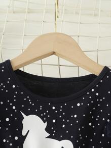 Toddler Girls Unicorn Print Ruffle Trim Contrast Mesh Dress - Navy Blue - View 3