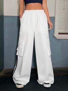 SHEIN ICON Contrast Side Seam Flap Pocket Wide Leg Trousers - White - View 1