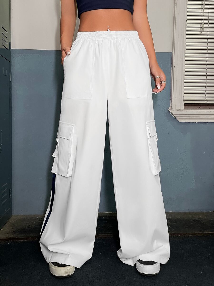 SHEIN ICON Contrast Side Seam Flap Pocket Wide Leg Trousers - White - View 1