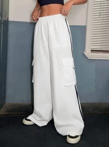 SHEIN ICON Contrast Side Seam Flap Pocket Wide Leg Trousers - White - View 5