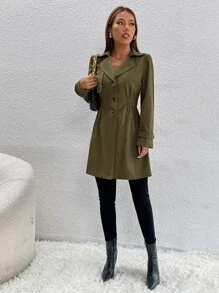 SHEIN PETITE Áo khoác ngoài nữ Nút phía trước màu trơn Giải trí - xanh quân đội - Xem 5