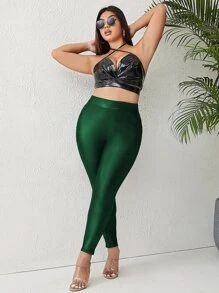 Calvaya Plus Patched Pocket PU Leather Leggings - Dark Green - View 4