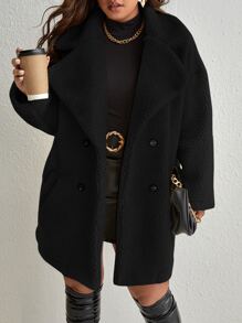 SHEIN Clasi Abrigo teddy unicolor de doble botonadura - Negro - Ver 1