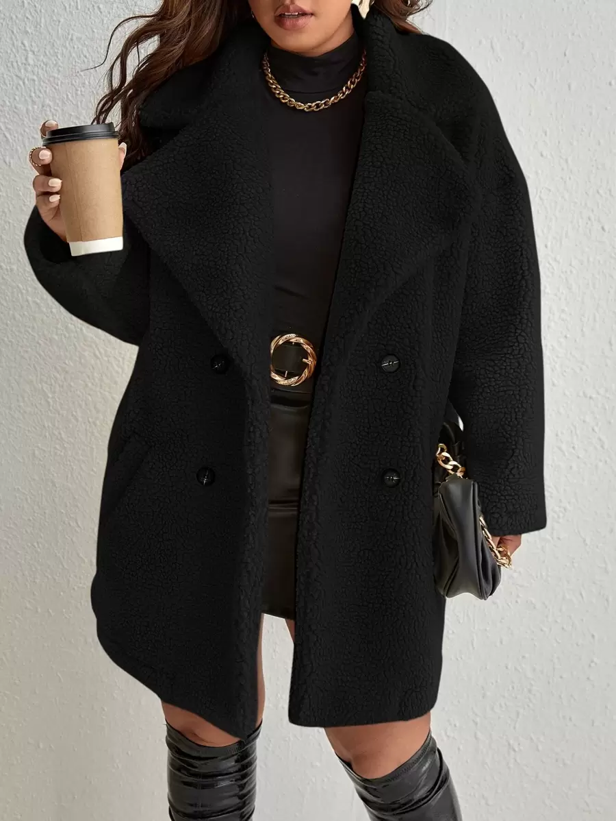 SHEIN Clasi Abrigo teddy unicolor de doble botonadura - Negro - Ver 1