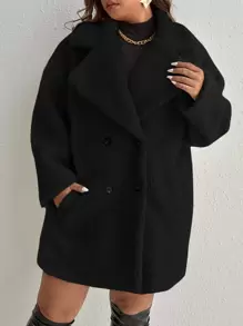 SHEIN Clasi Abrigo teddy unicolor de doble botonadura - Negro - Ver 3