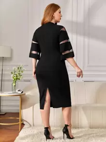 Reflora 大碼小高領網紗拼接後背開衩洋裝 - 黑色 - 查看 2