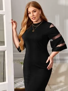 Reflora 大碼小高領網紗拼接後背開衩洋裝 - 黑色 - 查看 6