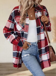 SHEIN LUNE Plaid Flap Pocket Drop Shoulder Coat - Red - View 1