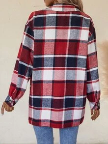 SHEIN LUNE Plaid Flap Pocket Drop Shoulder Coat - Red - View 2