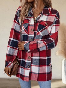 SHEIN LUNE Plaid Flap Pocket Drop Shoulder Coat - Red - View 4