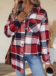 SHEIN LUNE Plaid Flap Pocket Drop Shoulder Coat - Red - View 6