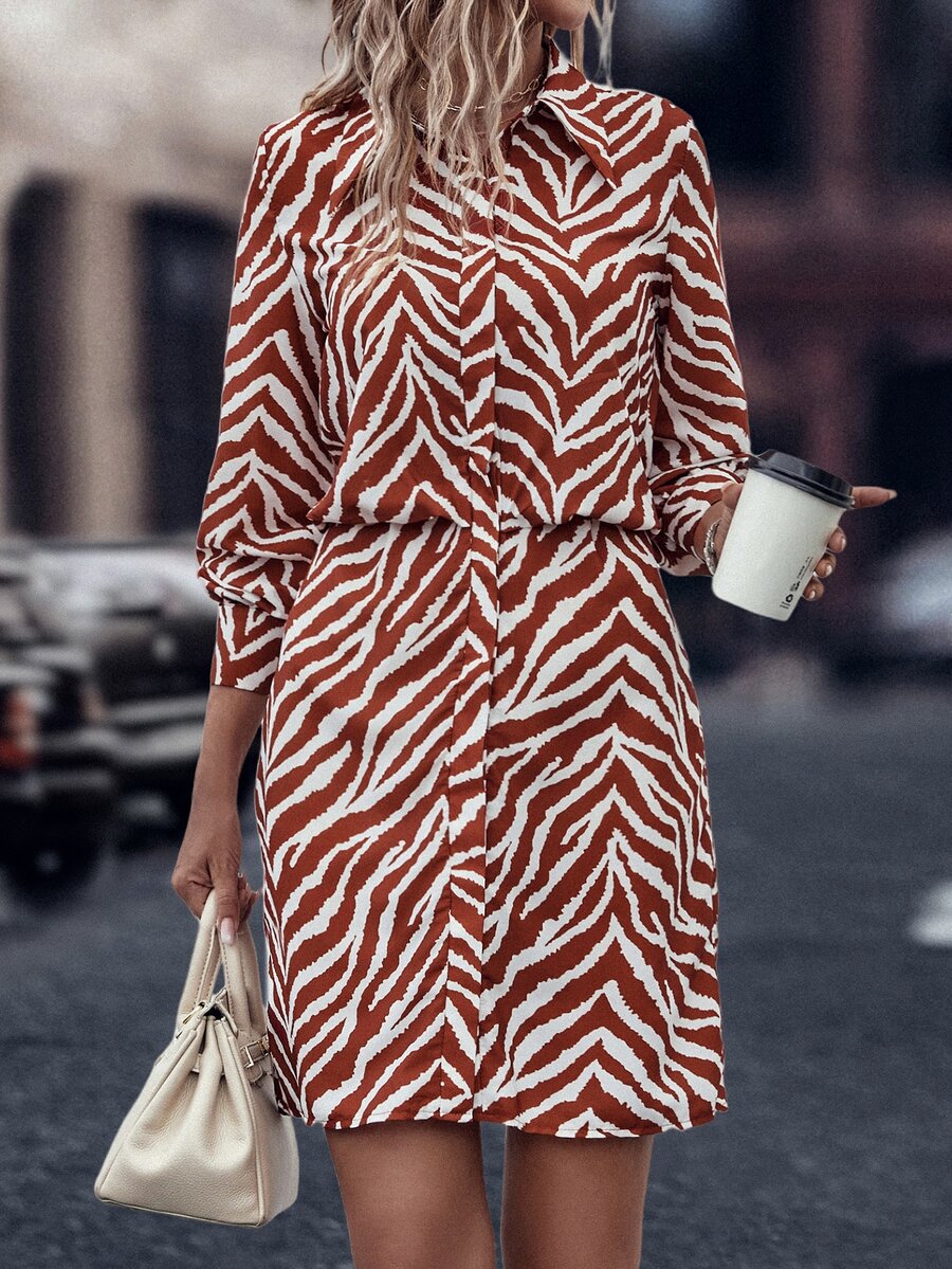 Allover Zebra Striped Shirt Dress - Red and White - View 1