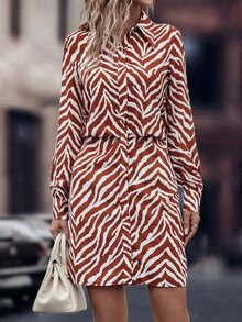 Allover Zebra Striped Shirt Dress - Red and White - View 5