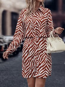 Allover Zebra Striped Shirt Dress - Red and White - View 6