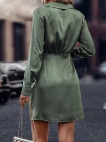 SHEIN Clasi Shawl Collar Knot Side Wrap Dress - Army Green - View 2