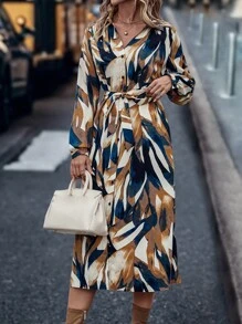 SHEIN LUNE 滿版印花燈籠袖腰帶襯衫洋裝