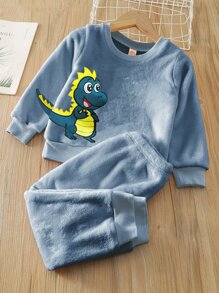 SHEIN Young Boy Dinosaur Embroidery Flannel Sweatshirt & Sweatpants - Dusty Blue - View 1