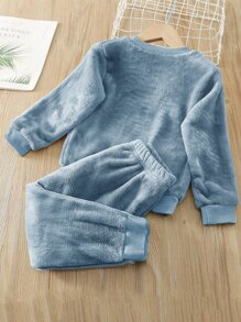 SHEIN Young Boy Dinosaur Embroidery Flannel Sweatshirt & Sweatpants - Dusty Blue - View 2