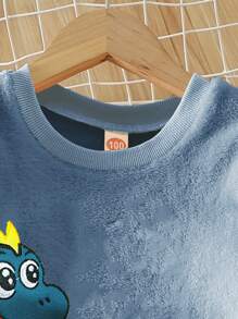 SHEIN Young Boy Dinosaur Embroidery Flannel Sweatshirt & Sweatpants - Dusty Blue - View 5