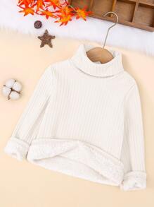 SHEIN Kleine Mädchen Langärmiges Rollkragenshirt in gerippter Unifarbe mit Thermofutter, vielseitig einsetzbar, Lässig, warm und niedlich für Herbst/Winter