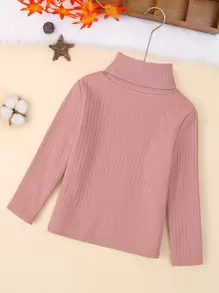 SHEIN Genkimix Kids 年轻女孩长袖纯色高领罗纹面料保暖内衬长袖 T 恤，休闲百搭保暖时尚运动可爱，秋冬