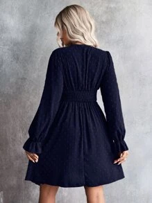 SHEIN Clasi Swiss Dot Flounce Sleeve Ruched Dress - Navy Blue - View 2