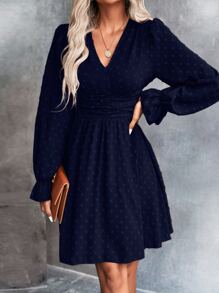 SHEIN Clasi Swiss Dot Flounce Sleeve Ruched Dress - Navy Blue - View 3