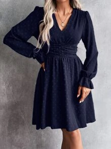 SHEIN Clasi Swiss Dot Flounce Sleeve Ruched Dress - Navy Blue - View 4
