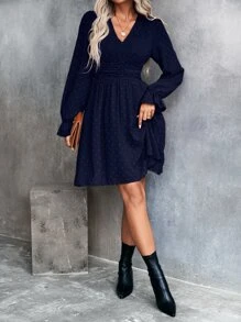 SHEIN Clasi Swiss Dot Flounce Sleeve Ruched Dress - Navy Blue - View 5
