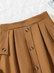 Girls Button Detail Flared Skirt - Brown - View 3