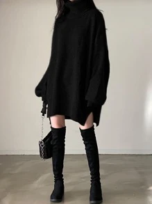 素色落肩袖側邊開叉超大毛衣洋裝