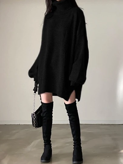 素色落肩袖側邊開叉超大毛衣洋裝